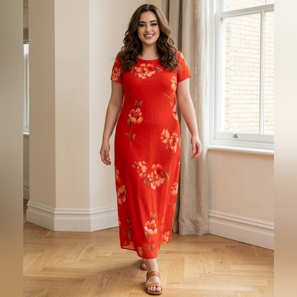 Coldwater Creek Red Flutter Sleeve Midi  Dress Party Wedding Shower 14 P Floral